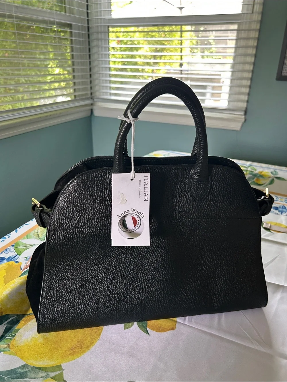 Anna Paola Black Pebbled Italian Leather Satchel with Top Handles 14x11 - Picture 1 of 5